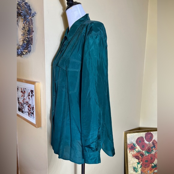 Vtg NEW CONCEPTS Size Large 100% Silk Emerald Green Button Down LongSleeve - Picture 7 of 10
